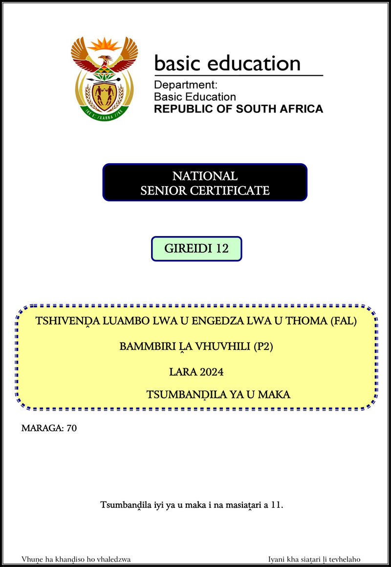 Grade 12 Tshivenda past paper 2024 – tshivenda fal p2 nov 2024 mg gr12
