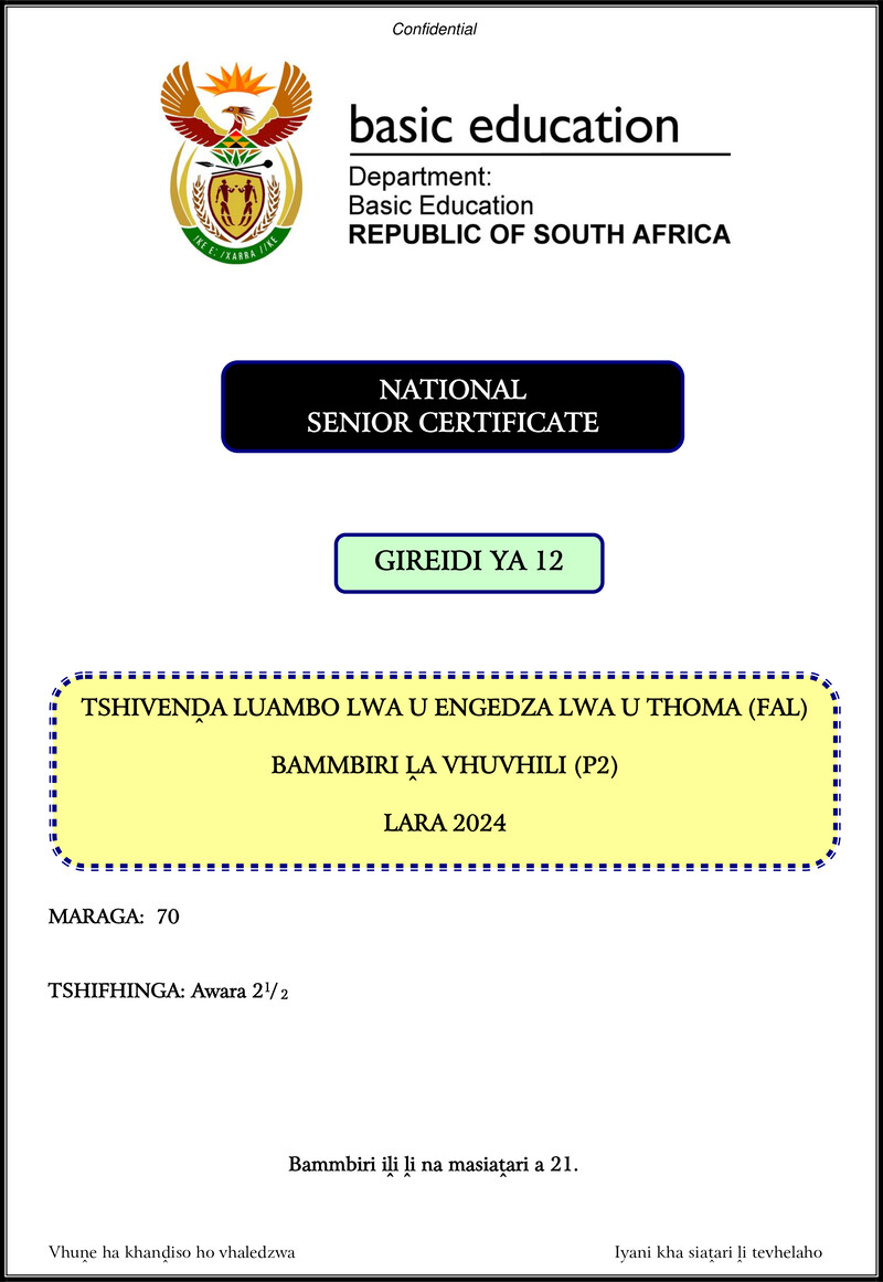 Grade 12 Tshivenda past paper 2024 – tshivenda fal p2 nov 2024 gr12