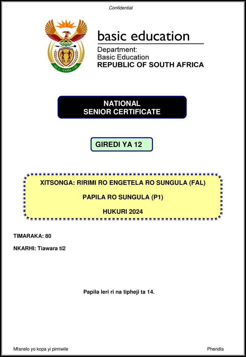 Grade 12 Xitsonga past paper 2024 – xitsonga fal p1 nov 2024 gr12