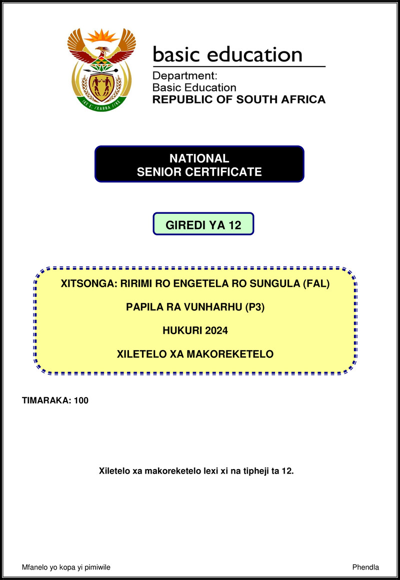 Grade 12 Xitsonga past paper 2024 – xitsonga fal p3 nov 2024 mg gr12