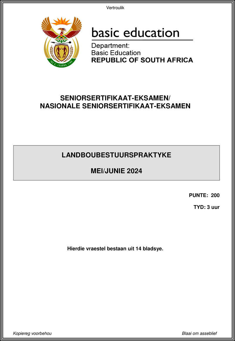 Grade 12 Landboubestuurspraktyke past paper 2024 – agricultural management practices may june 2024 afr gr12