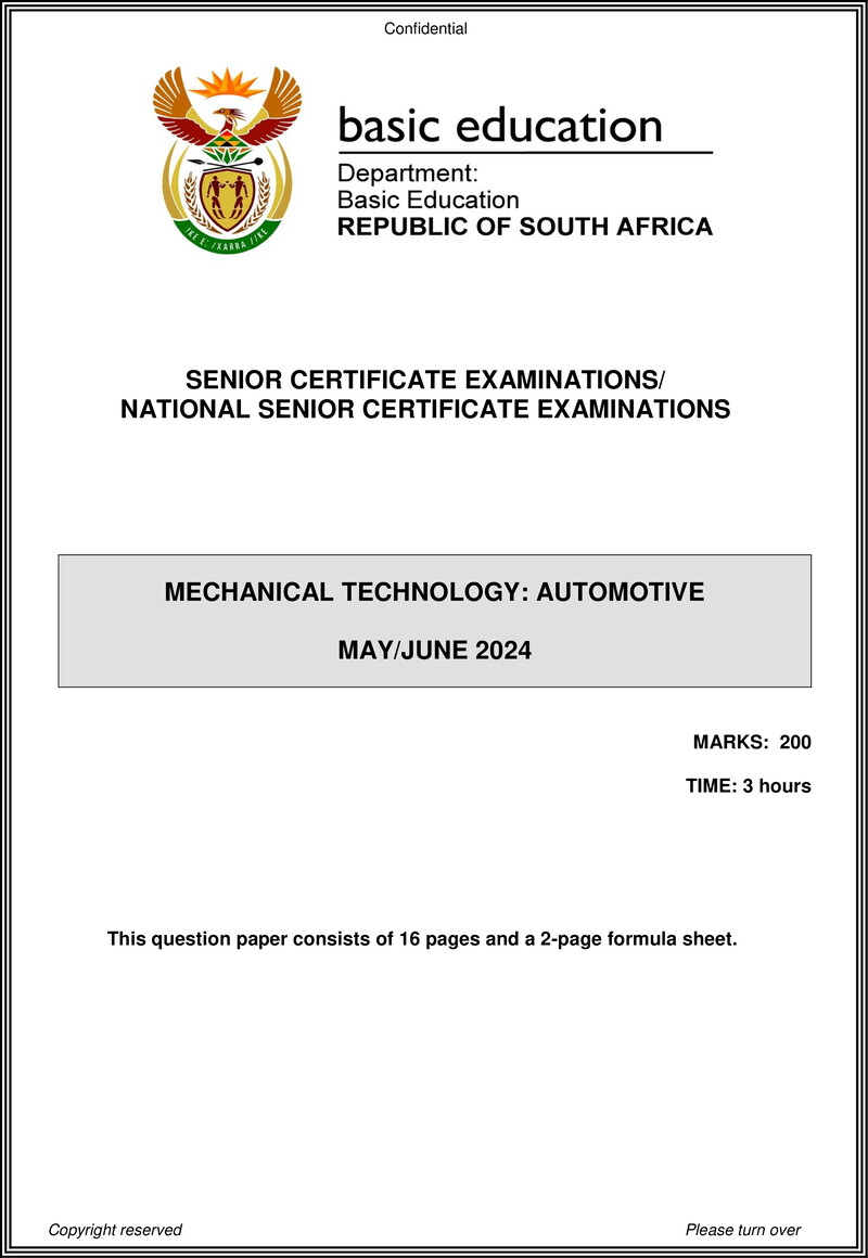 Grade 12 Mechanical Technology past paper 2024 – mechanical technology may june 2024 automotive eng gr12