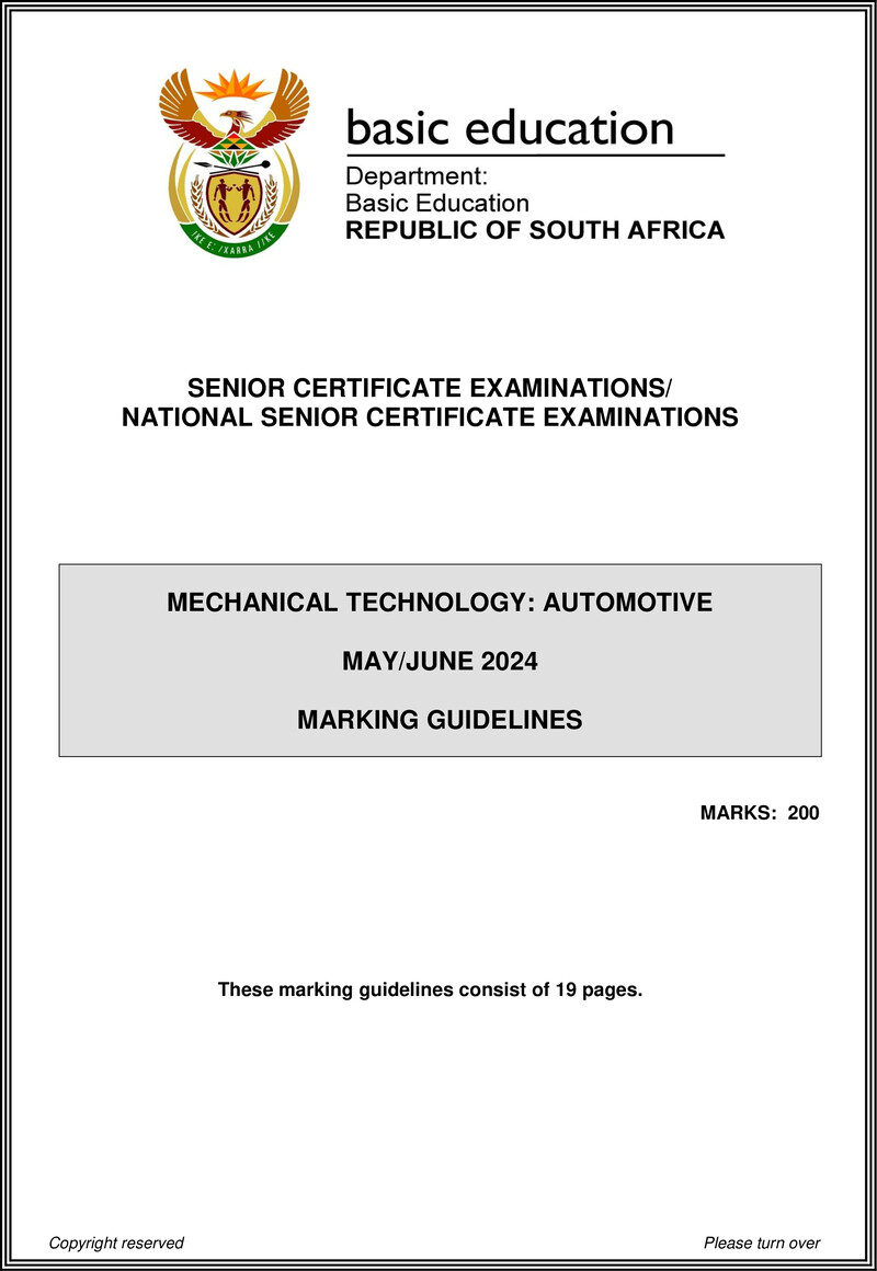 Grade 12 Mechanical Technology past paper 2024 – mechanical technology may june 2024 automotive mg eng gr12