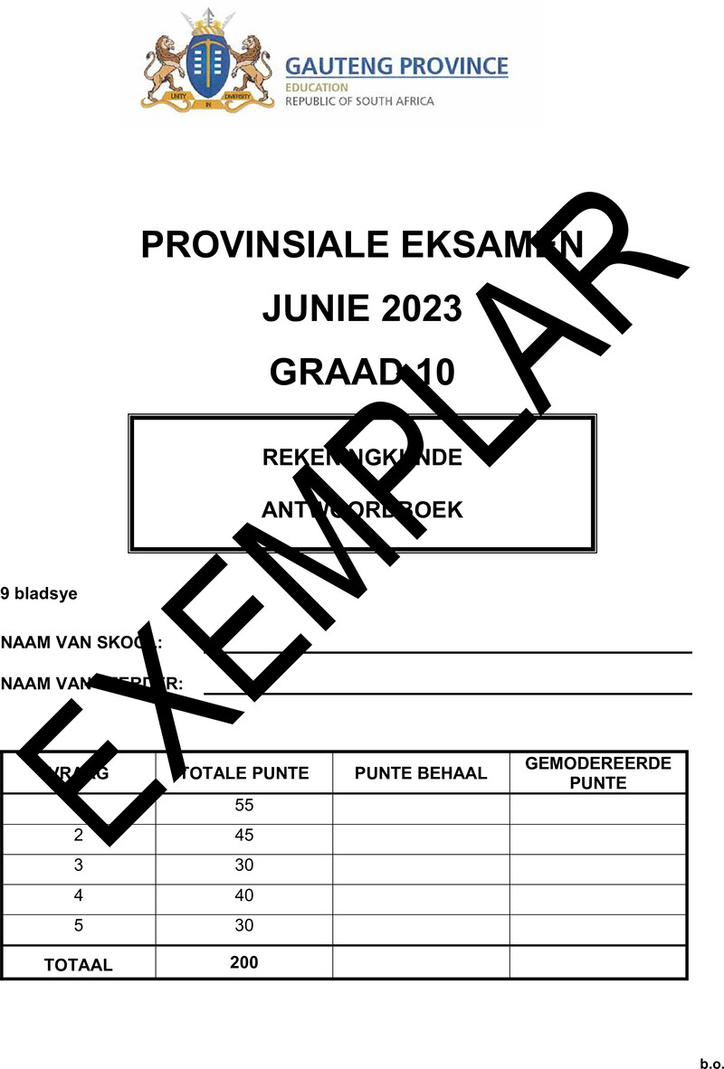 Grade 10 Provincial Exam Accounting Afr June 2023 Answerbook