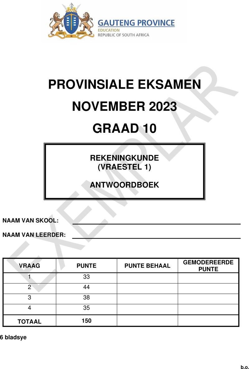 Grade 10 Provincial Exam Accounting P1 Afr November 2023 Answer Book