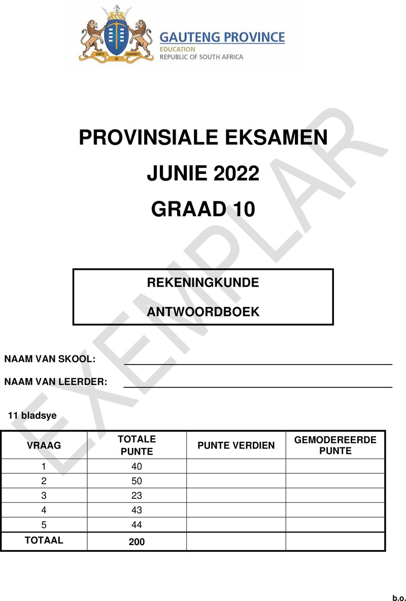 Grade 10 Provincial Exam Accounting P1 Afikaans June 2022 Answer Book