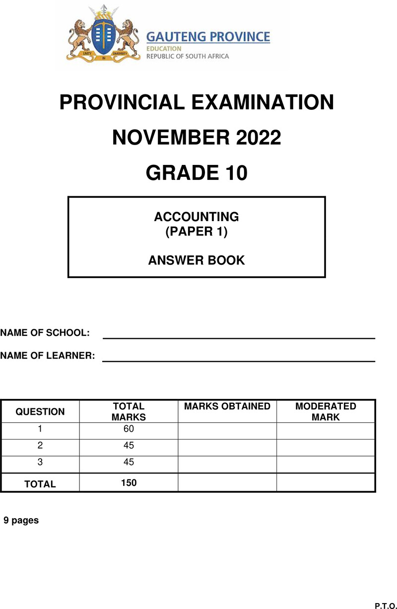 Grade 10 Provincial Exam Accounting P1 Ng November 2022 Answer Book
