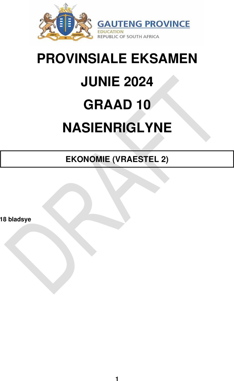 Grade 10 Provincial Exam Economics P2 Afr June 2024 Possible Answers