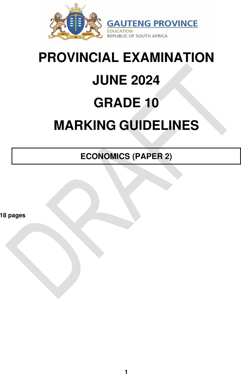 Grade 10 Provincial Exam Economics P2 Ng June 2024 Possible Answers