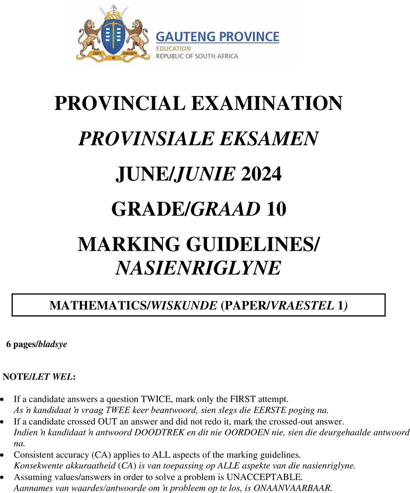 Grade 10 Provincial Exam Mathematics P1 Ng And Afr June 2024 Possible Answers