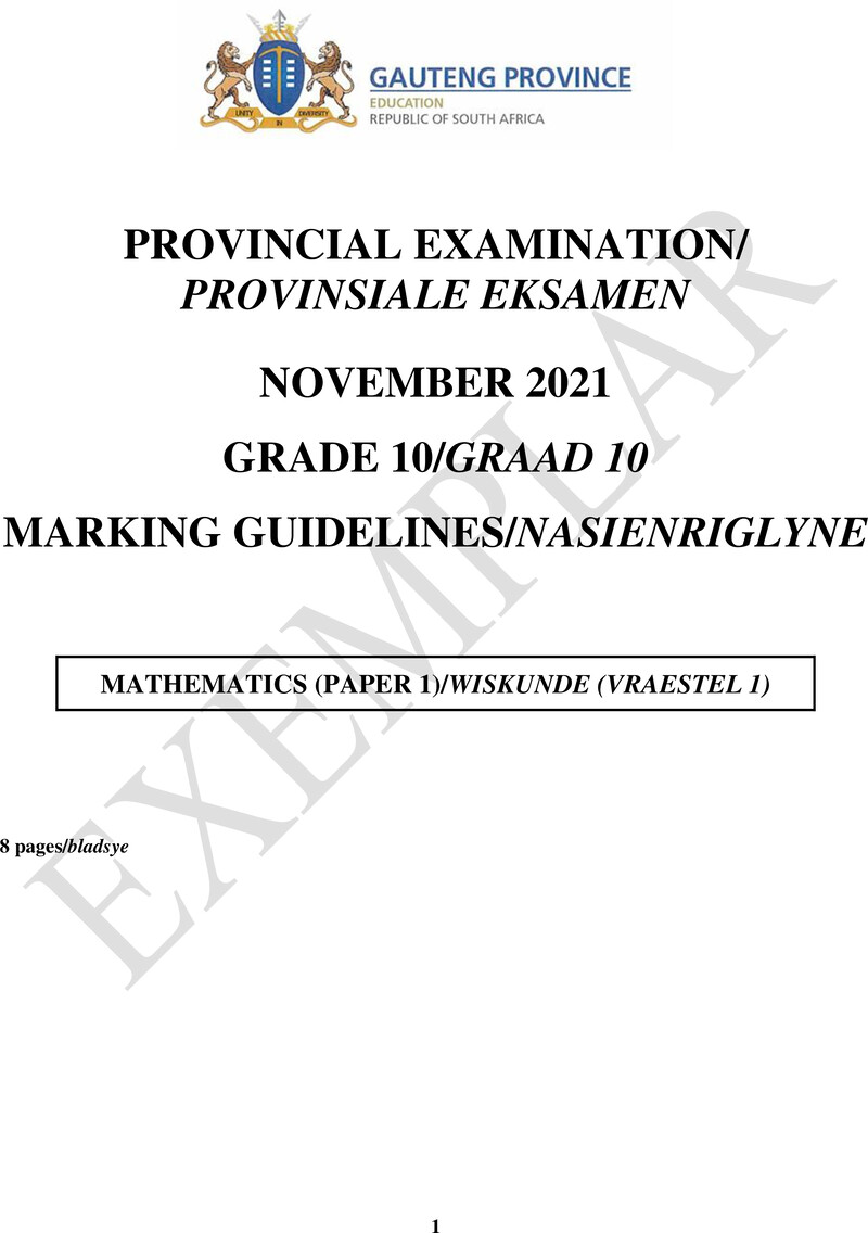 Grade 10 Provincial Exam Mathematics P1 Ng And Afr November 2021 Possible Answers
