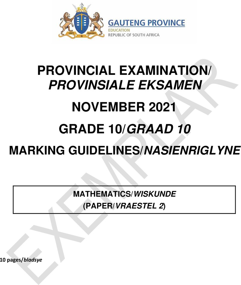 Grade 10 Provincial Exam Mathematics P2 Ng And Afr November 2021 Possible Answers