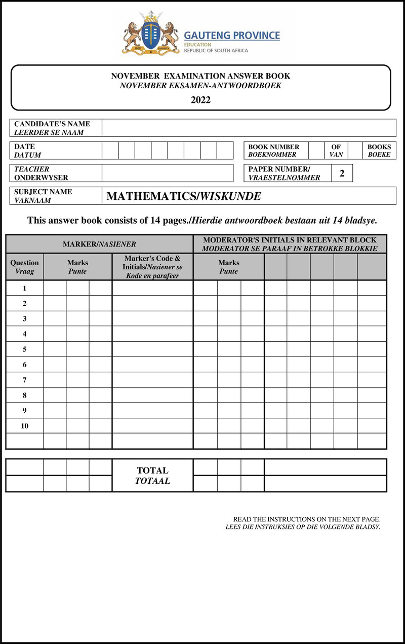 Grade 10 Provincial Exam Mathematics P2 Ng And Afr November 2022 Answer Book