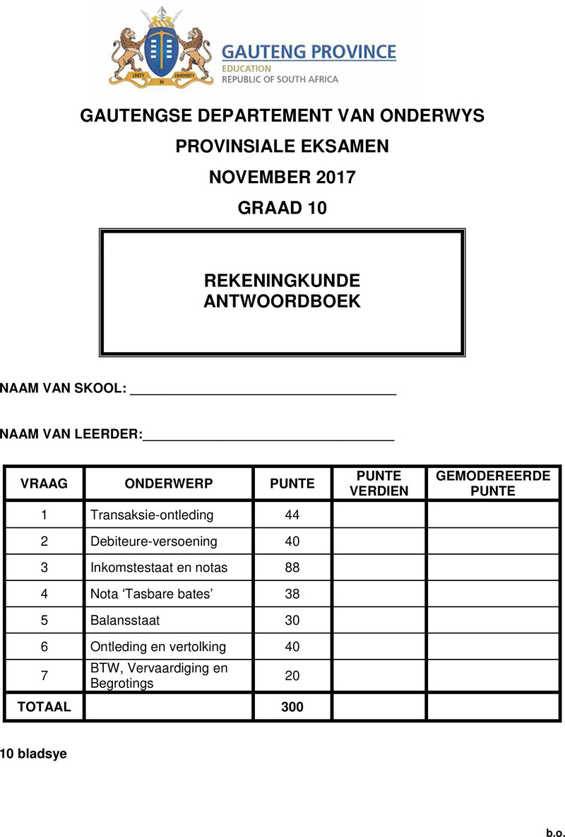 Grade 10 Provincial Exam Accounting Afr Answer Book