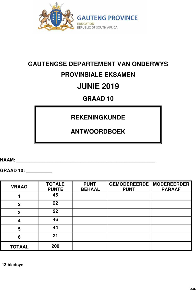 Grade 10 Provincial Exam Accounting Afr June 2019 Answer Book