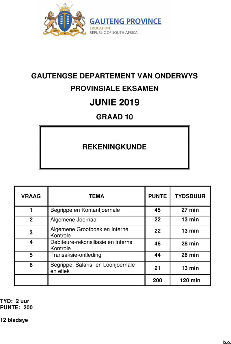 Grade 10 Provincial Exam Accounting Afr June 2019 QP
