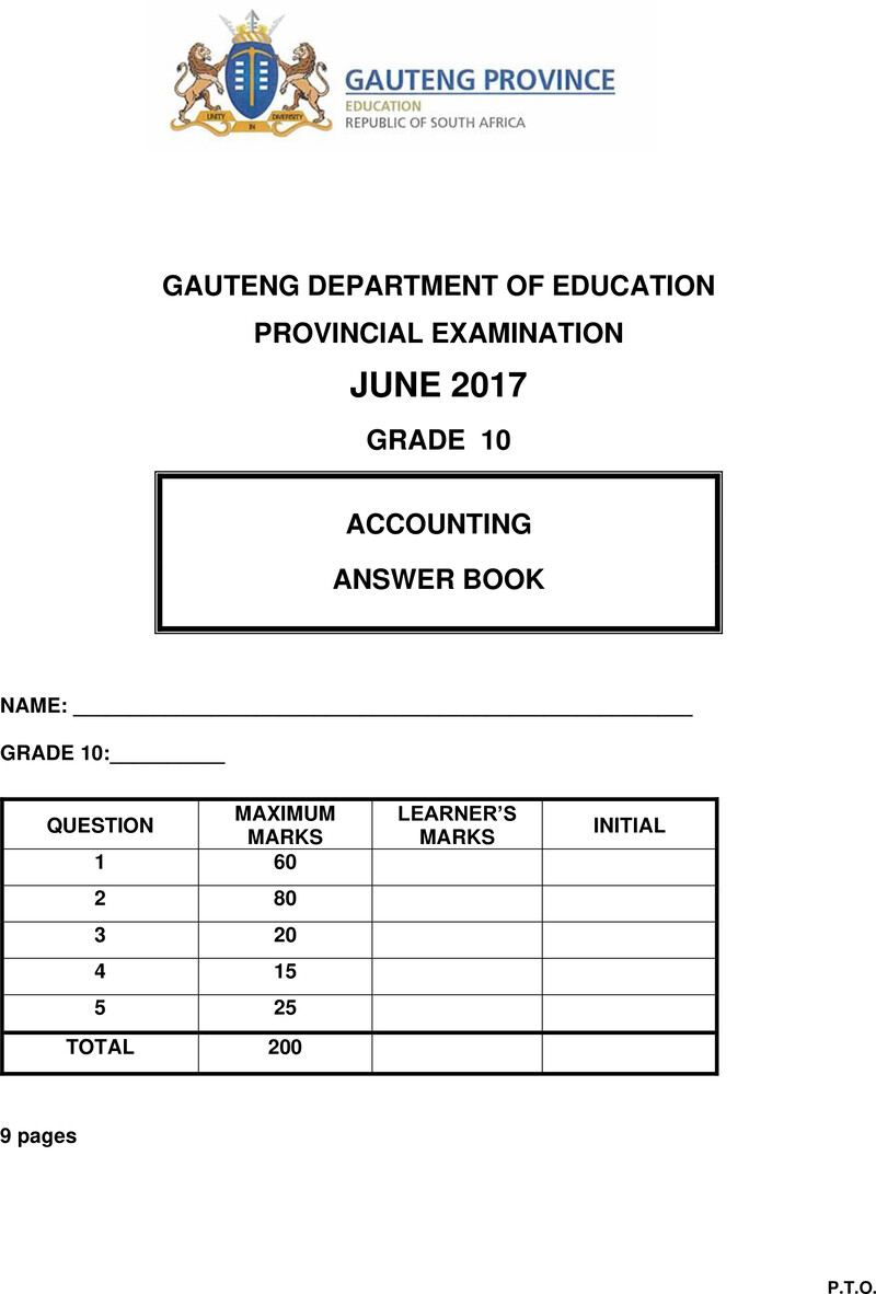 Grade 10 Provincial Exam Accounting June 2017 Answer Book