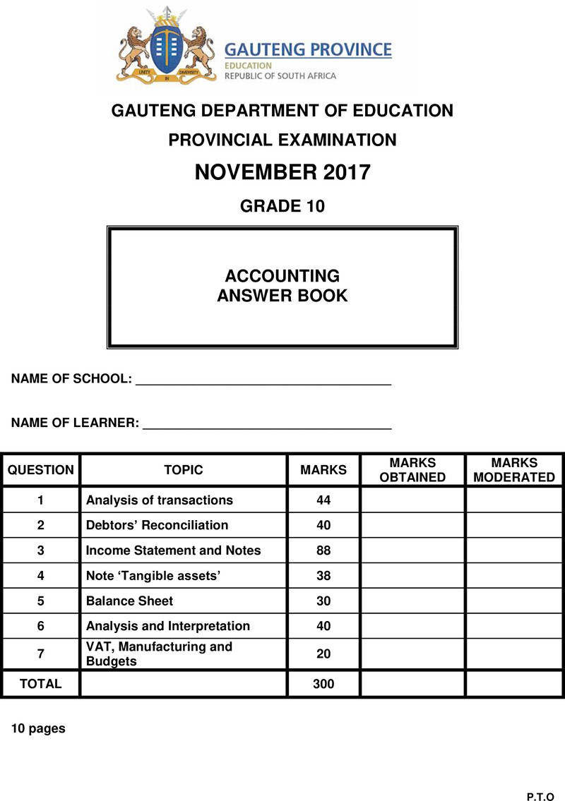 Grade 10 Provincial Exam Accounting Ng Answer Book