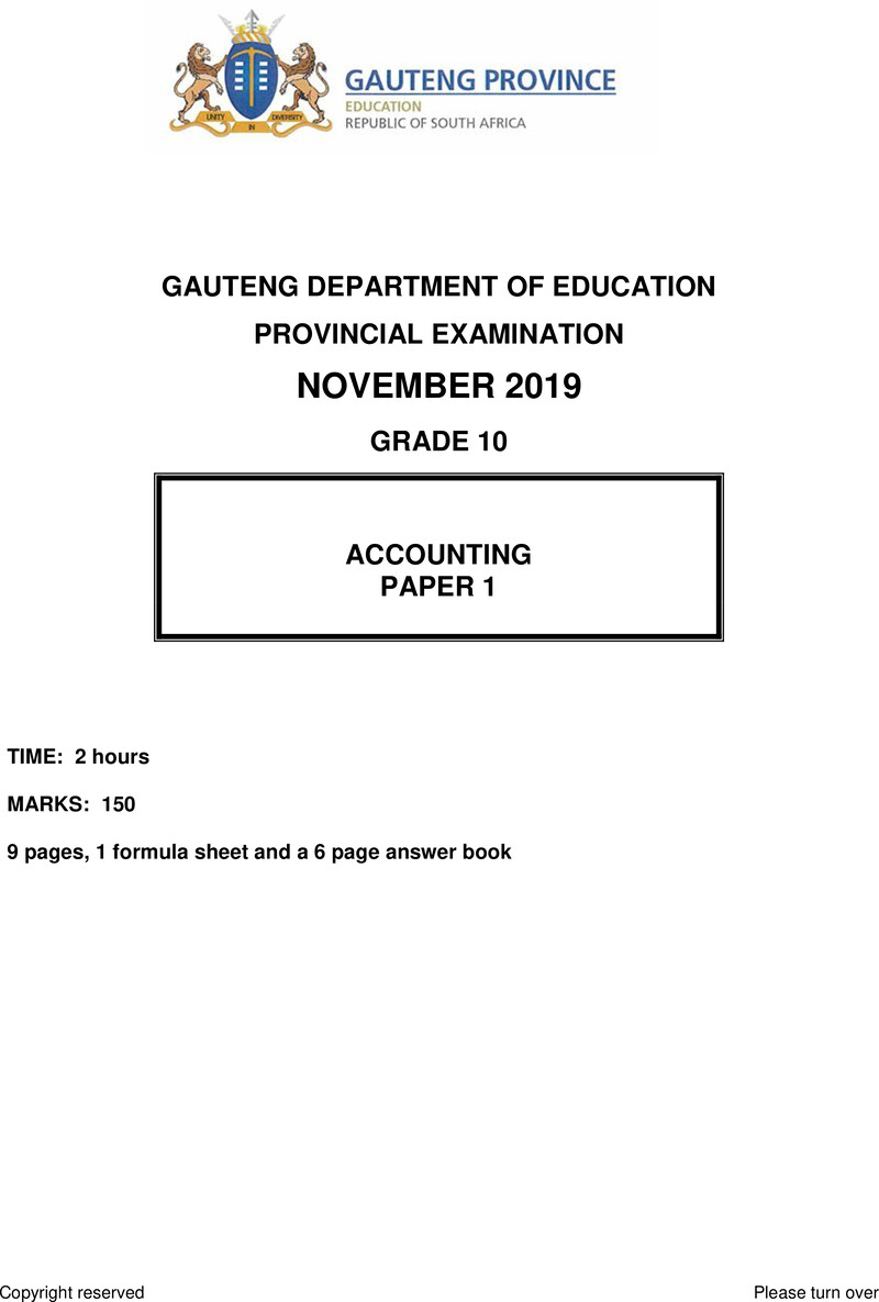 Grade 10 Provincial Exam Accounting P1 Ng November 2019 QP