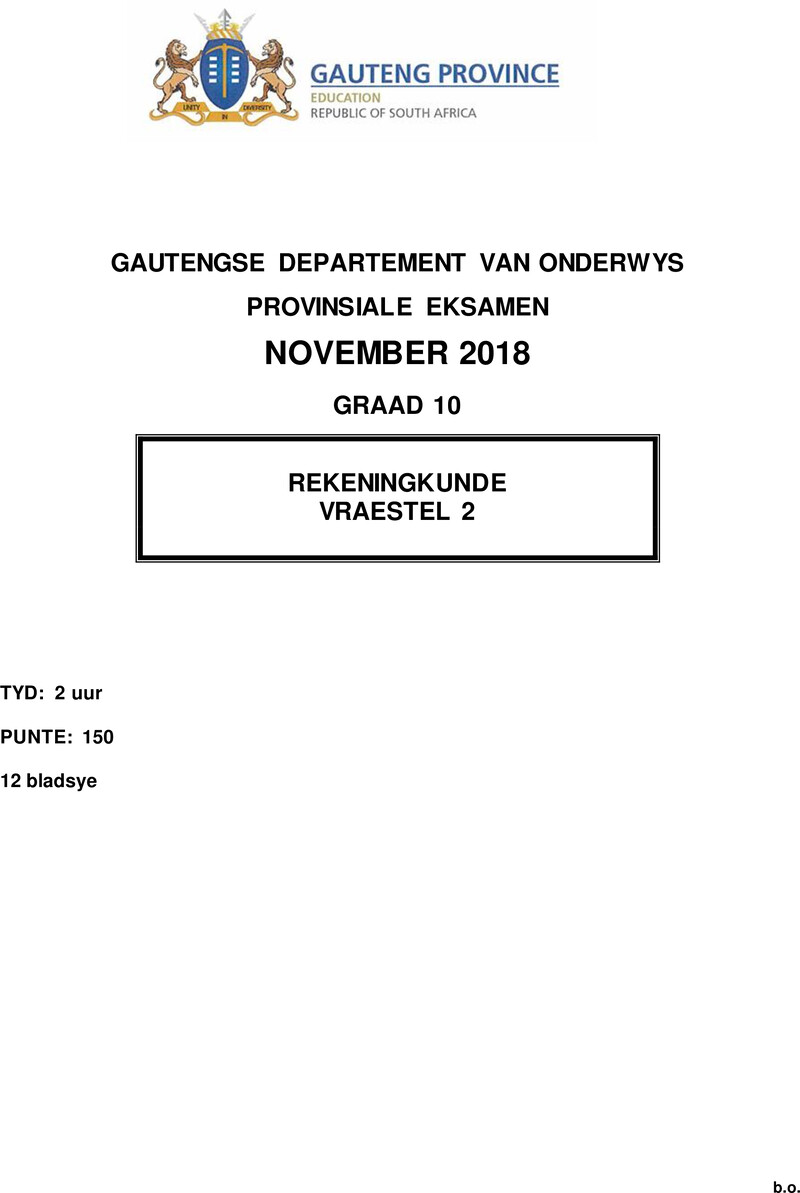 Grade 10 Provincial Exam Accounting P2 Afr November 2018 QP