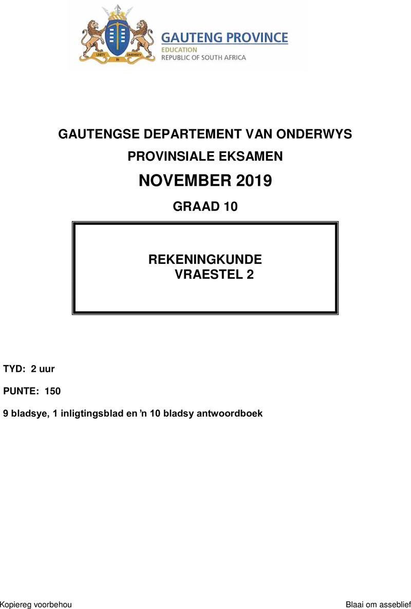 Grade 10 Provincial Exam Accounting P2 Afr November 2019 QP
