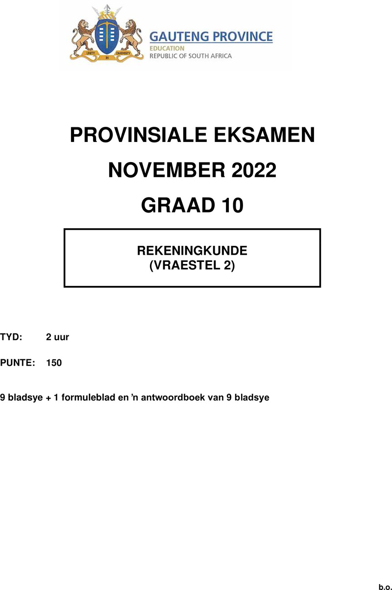 Grade 10 Provincial Exam Accounting P2 Afr November 2022 QP