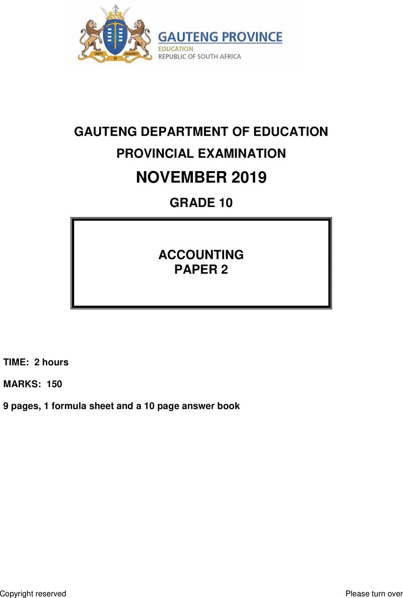 Grade 10 Provincial Exam Accounting P2 Ng November 2019 QP