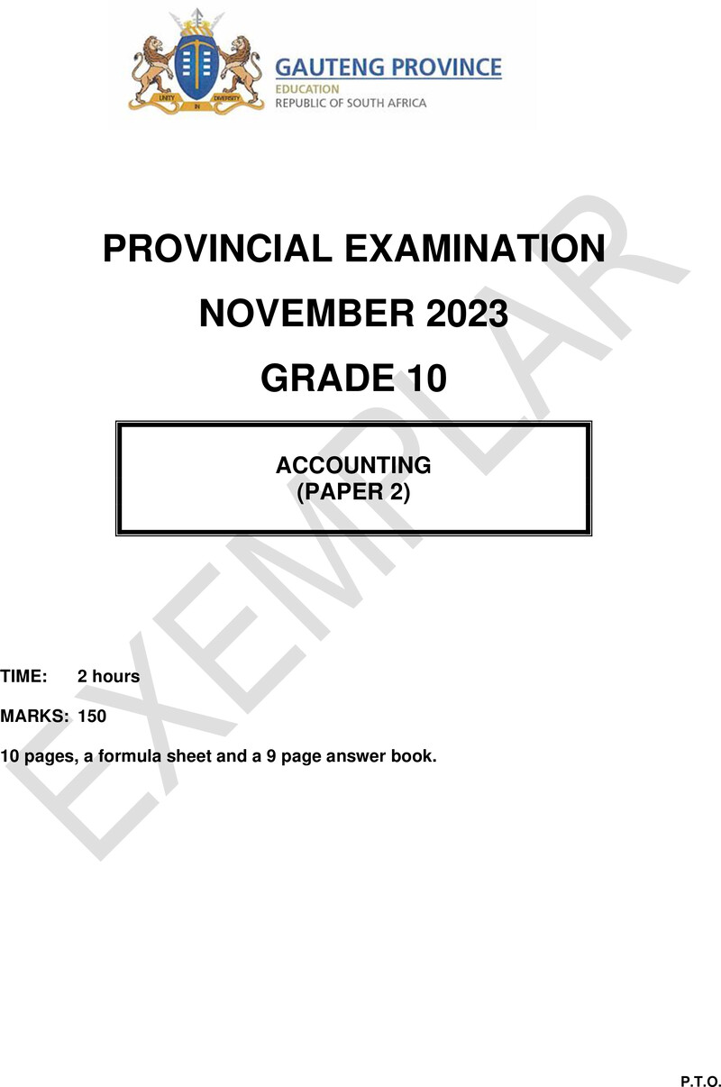 Grade 10 Provincial Exam Accounting P2 Ng November 2023 QP