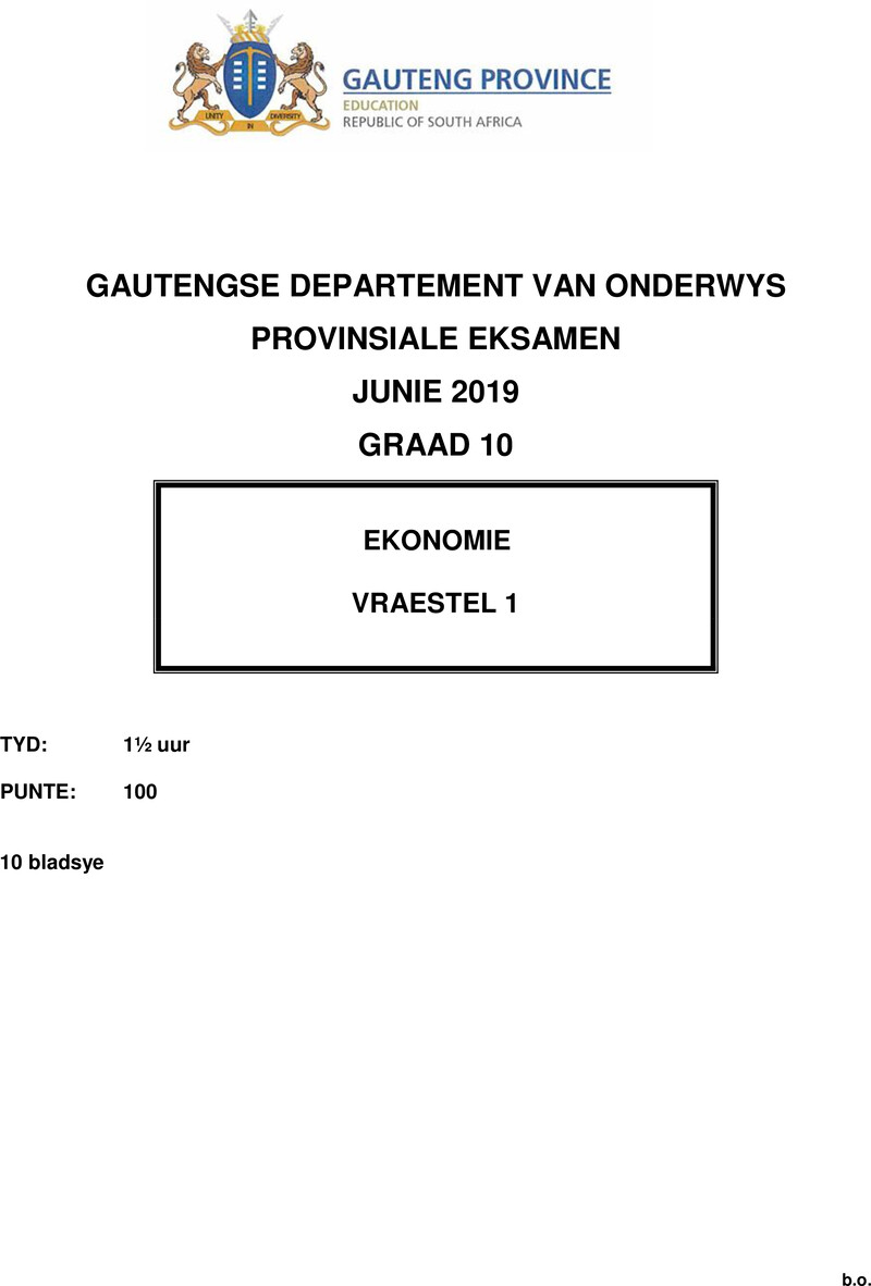 Grade 10 Provincial Exam Economics P1 Afr June 2019 QP