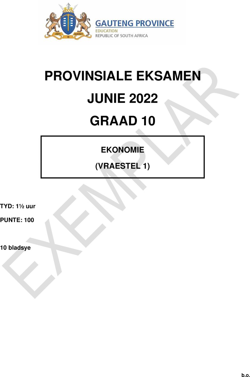 Grade 10 Provincial Exam Economics P1 Afr June 2022 QP