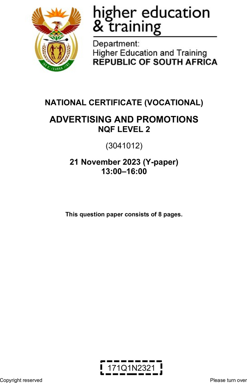 Nc20 Advertising And Promotions L2 QP Nov 2023 Van Zyl S preview