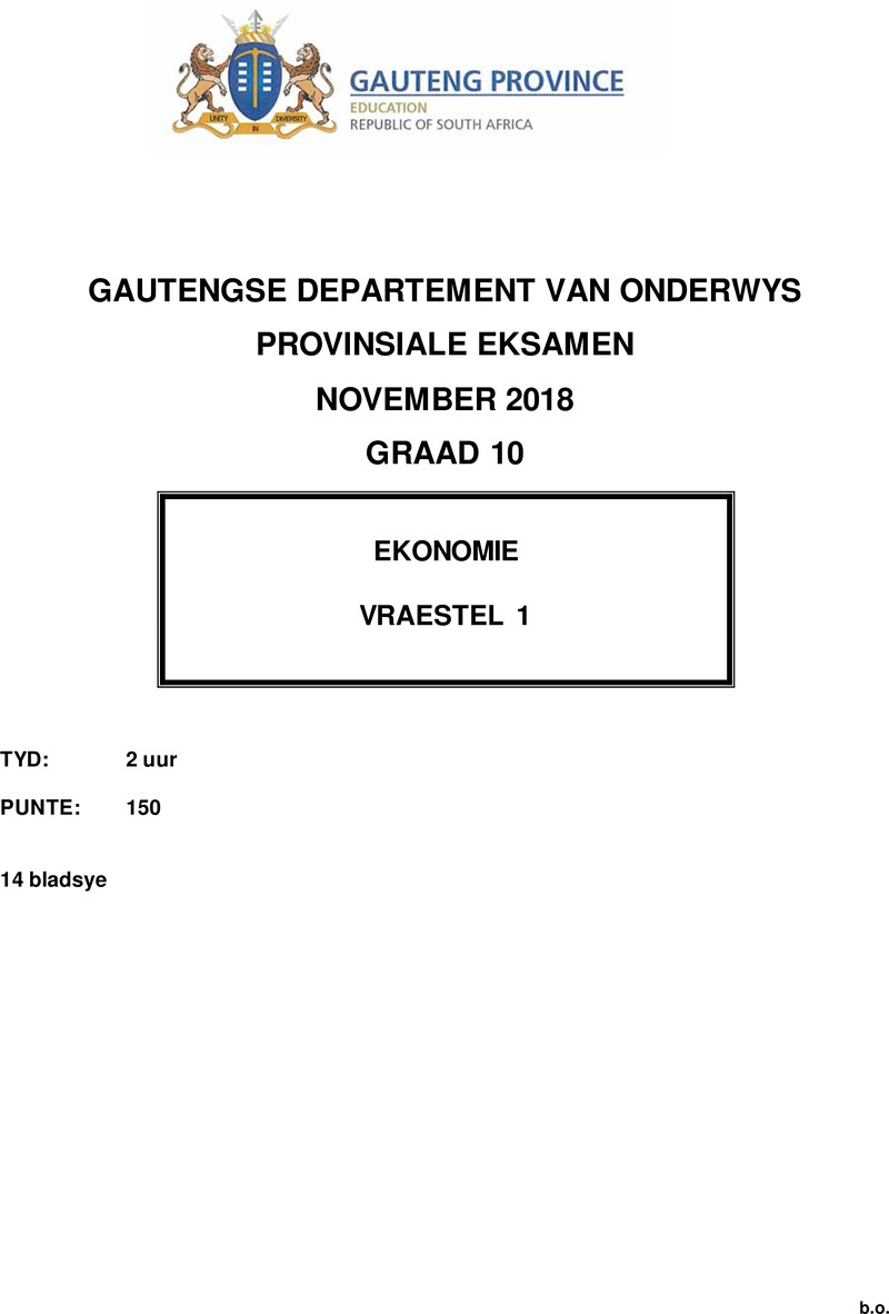 Grade 10 Provincial Exam Economics P1 Afr November 2018 QP