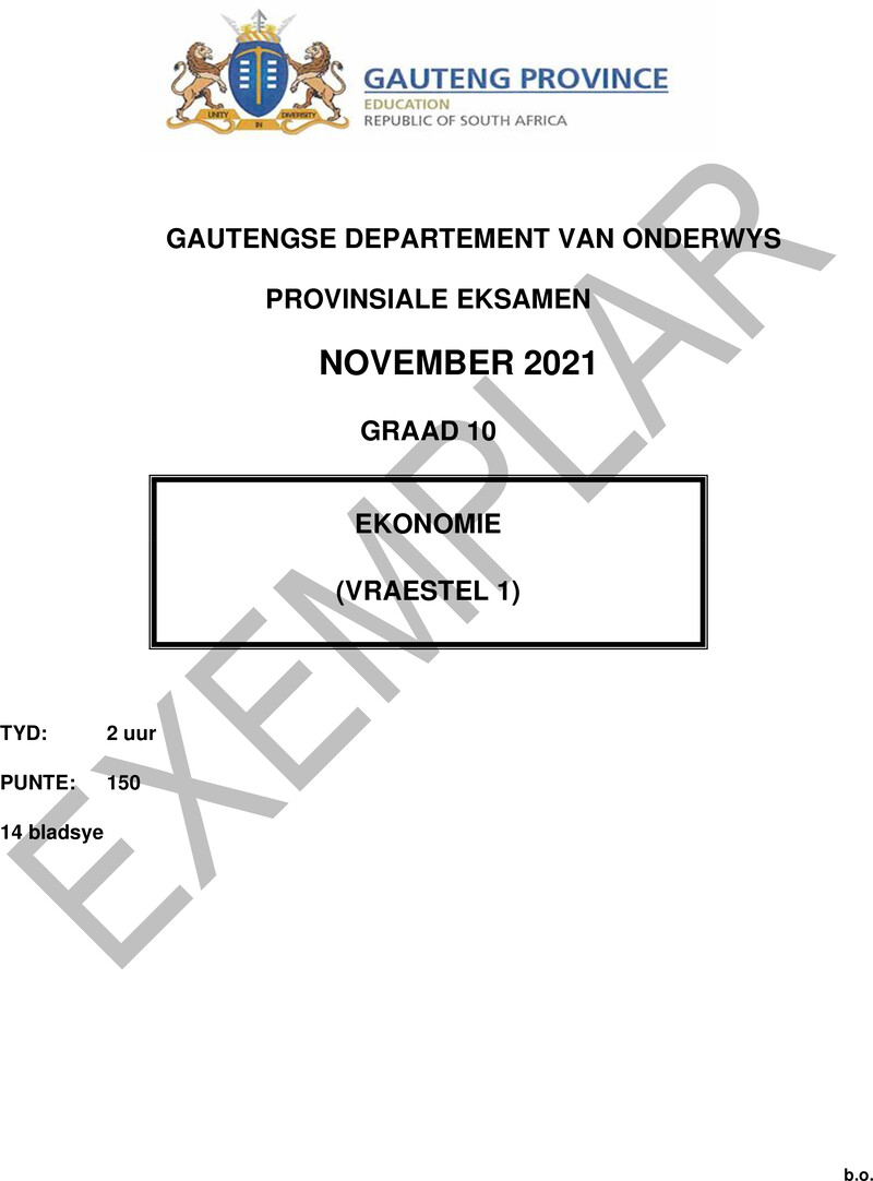 Grade 10 Provincial Exam Economics P1 Afr November 2021 QP