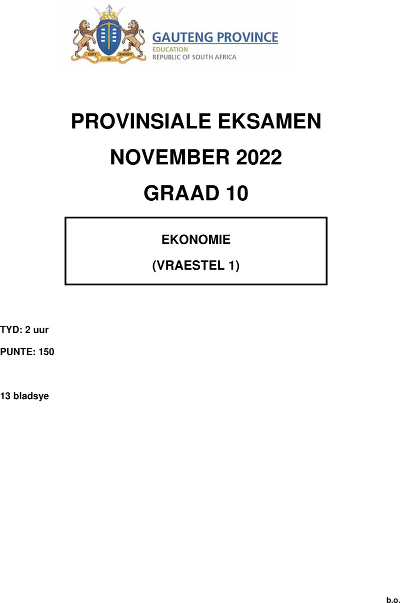 Grade 10 Provincial Exam Economics P1 Afr November 2022 QP