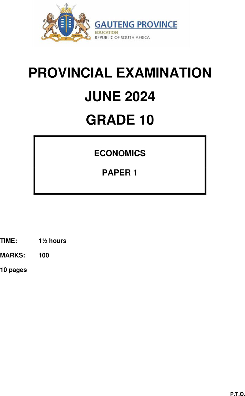 Grade 10 Provincial Exam Economics P1 Ng June 2024 QP