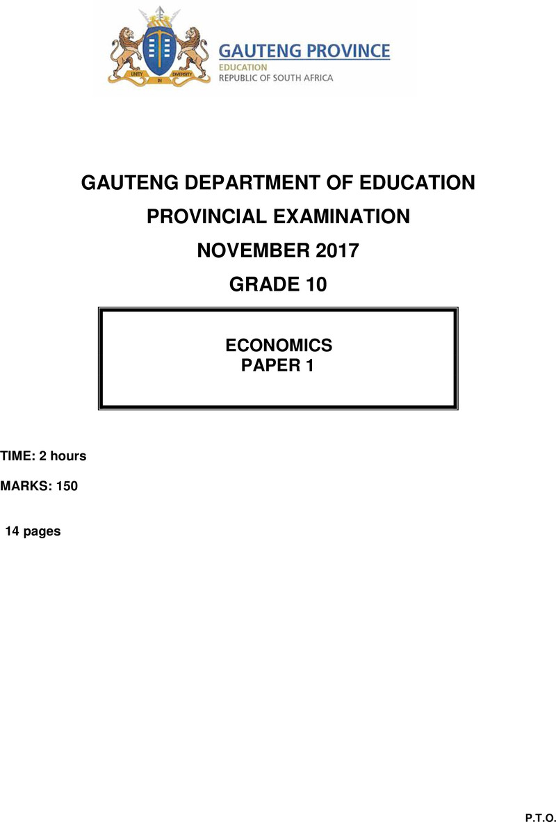 Grade 10 Provincial Exam Economics P1 Ng November 2017 QP