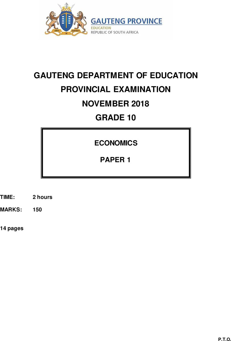 Grade 10 Provincial Exam Economics P1 Ng November 2018 QP