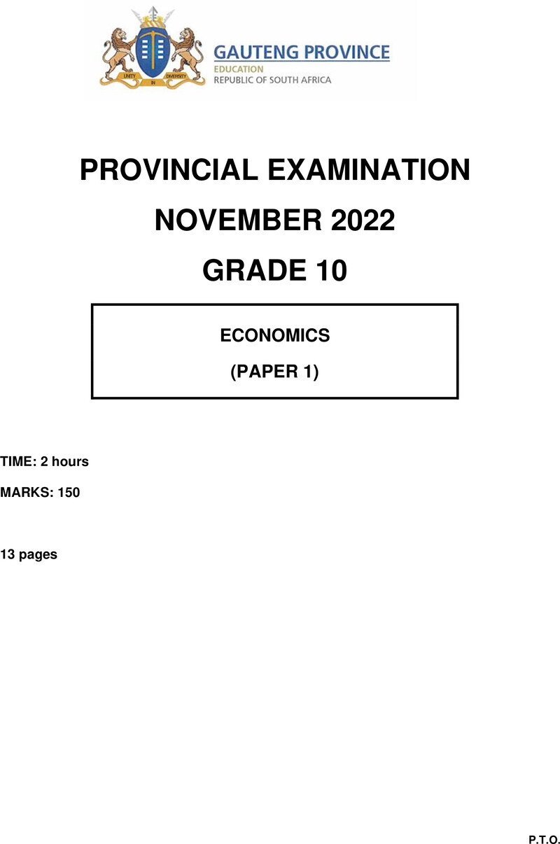 Grade 10 Provincial Exam Economics P1 Ng November 2022 QP