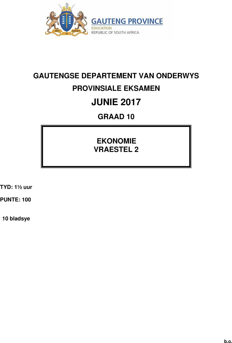 Grade 10 Provincial Exam Economics P2 Afr June 2017 QP