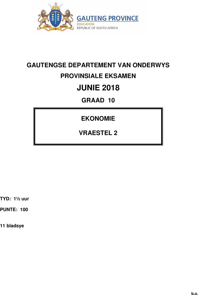 Grade 10 Provincial Exam Economics P2 Afr June 2018 QP