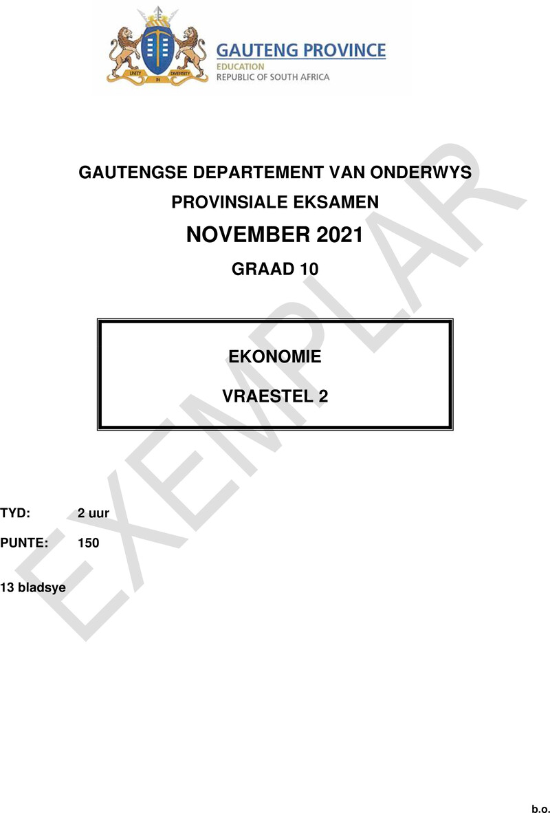 Grade 10 Provincial Exam Economics P2 Afr November 2021 QP