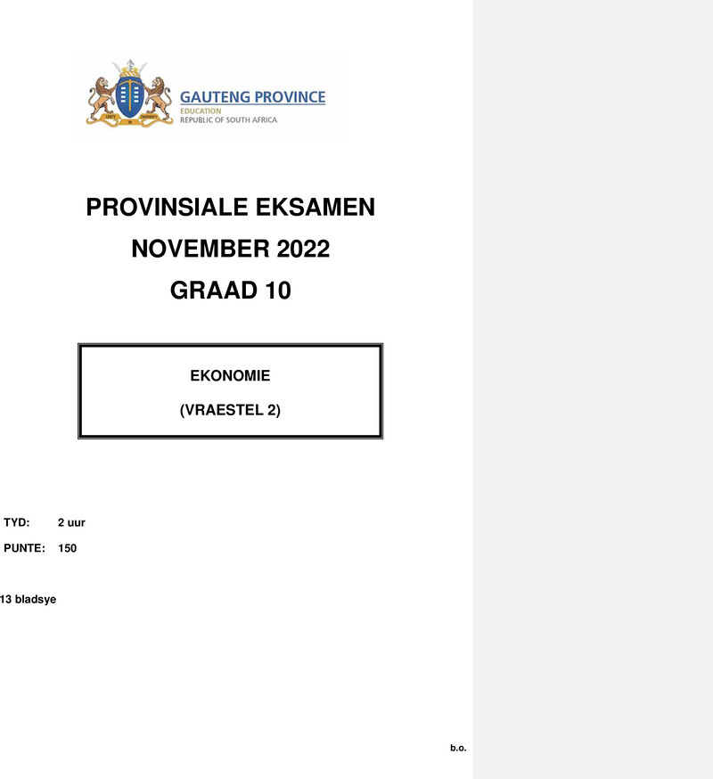 Grade 10 Provincial Exam Economics P2 Afr November 2022 QP