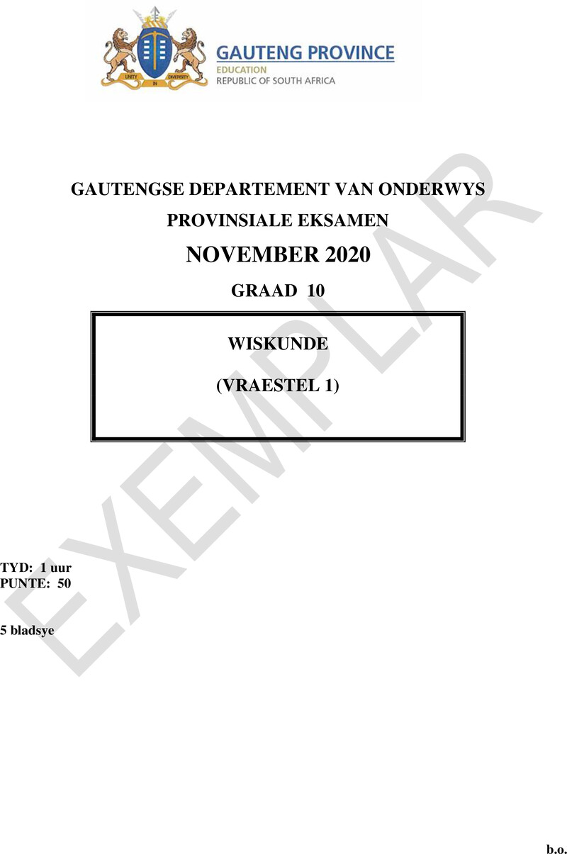 Grade 10 Provincial Exam Mathematics P1 Afr 2020 Exemplars QP