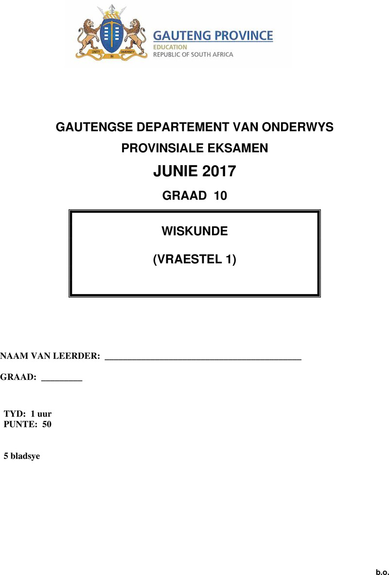 Grade 10 Provincial Exam Mathematics P1 Afr June 2017 QP