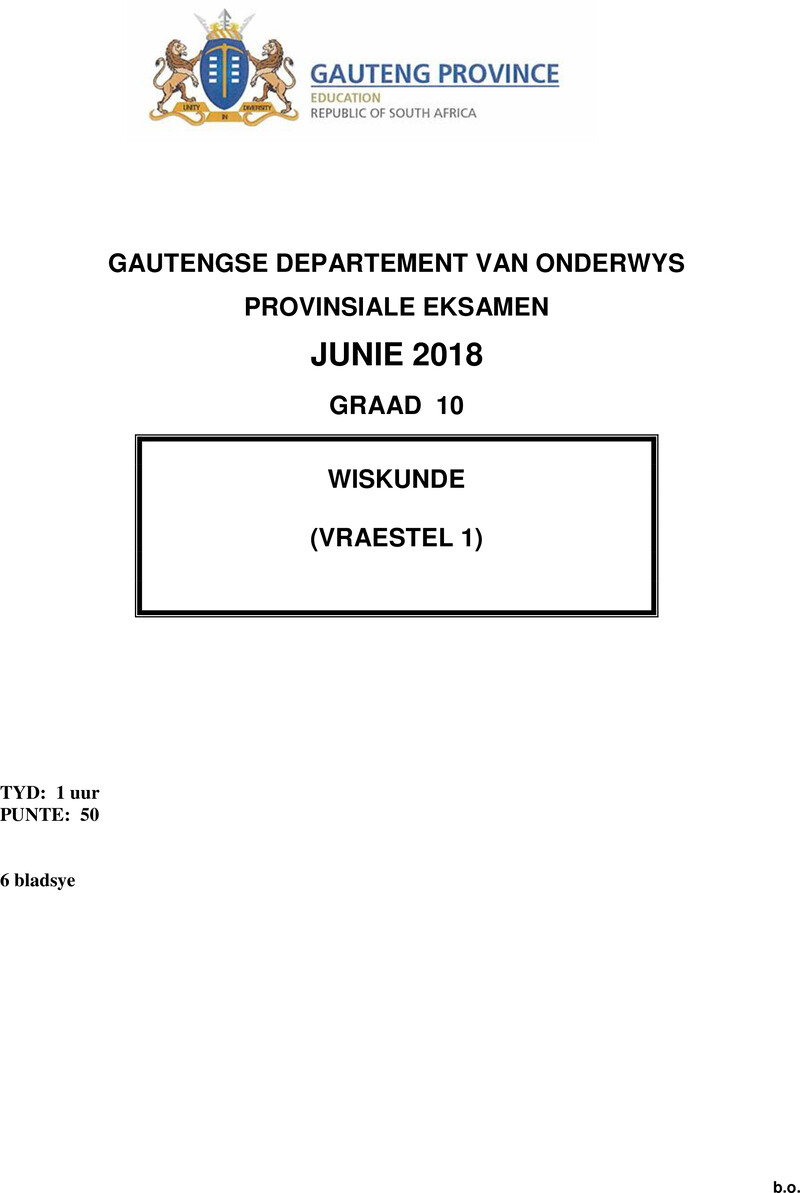 Grade 10 Provincial Exam Mathematics P1 Afr June 2018 QP