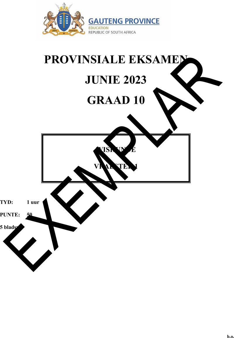 Grade 10 Provincial Exam Mathematics P1 Afr June 2023 QP