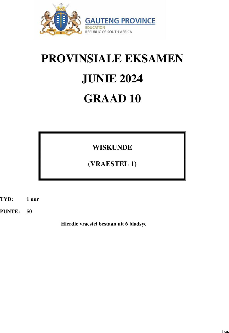 Grade 10 Provincial Exam Mathematics P1 Afr June 2024 QP