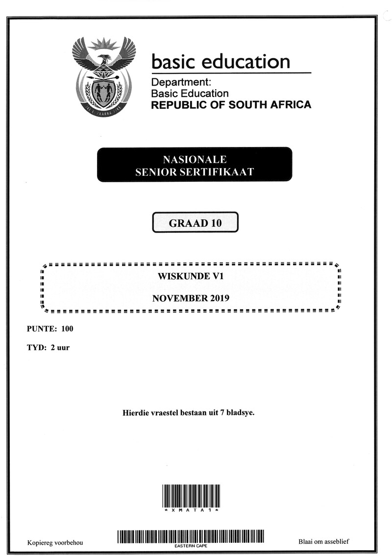 Grade 10 Provincial Exam Mathematics P1 Afr November 2019 QP