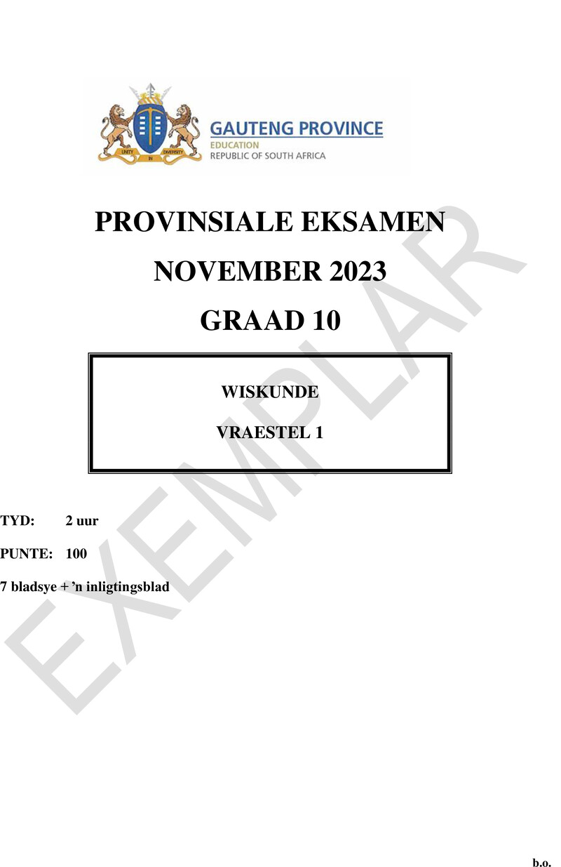 Grade 10 Provincial Exam Mathematics P1 Afr November 2023 QP
