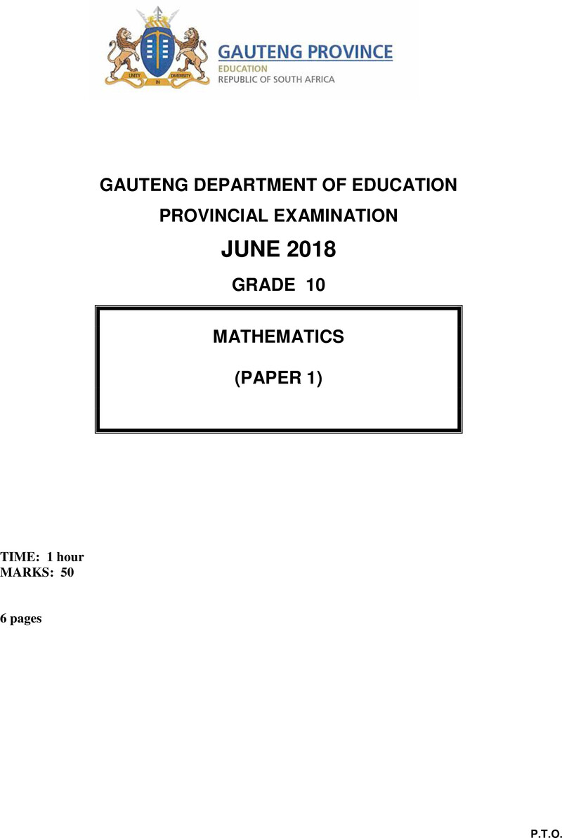 Grade 10 Provincial Exam Mathematics P1 Ng June 2018 QP